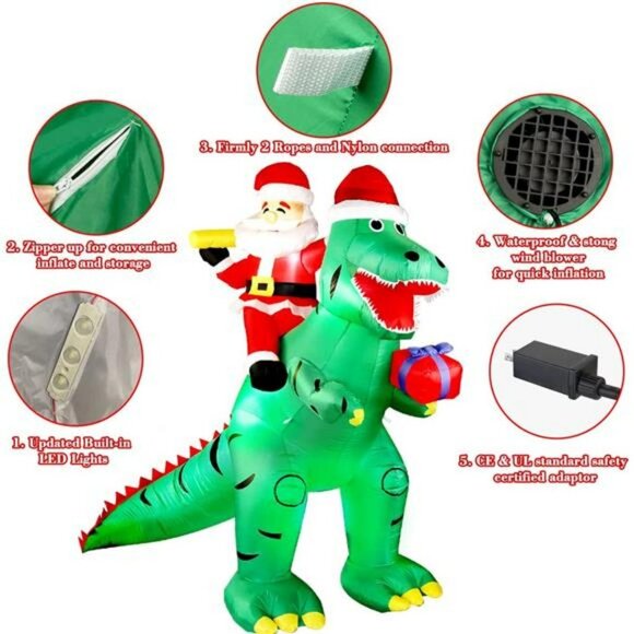 Inflatable Santa on Dinosaur Christmas Decorations, with LED Lights - Picture 4 of 7